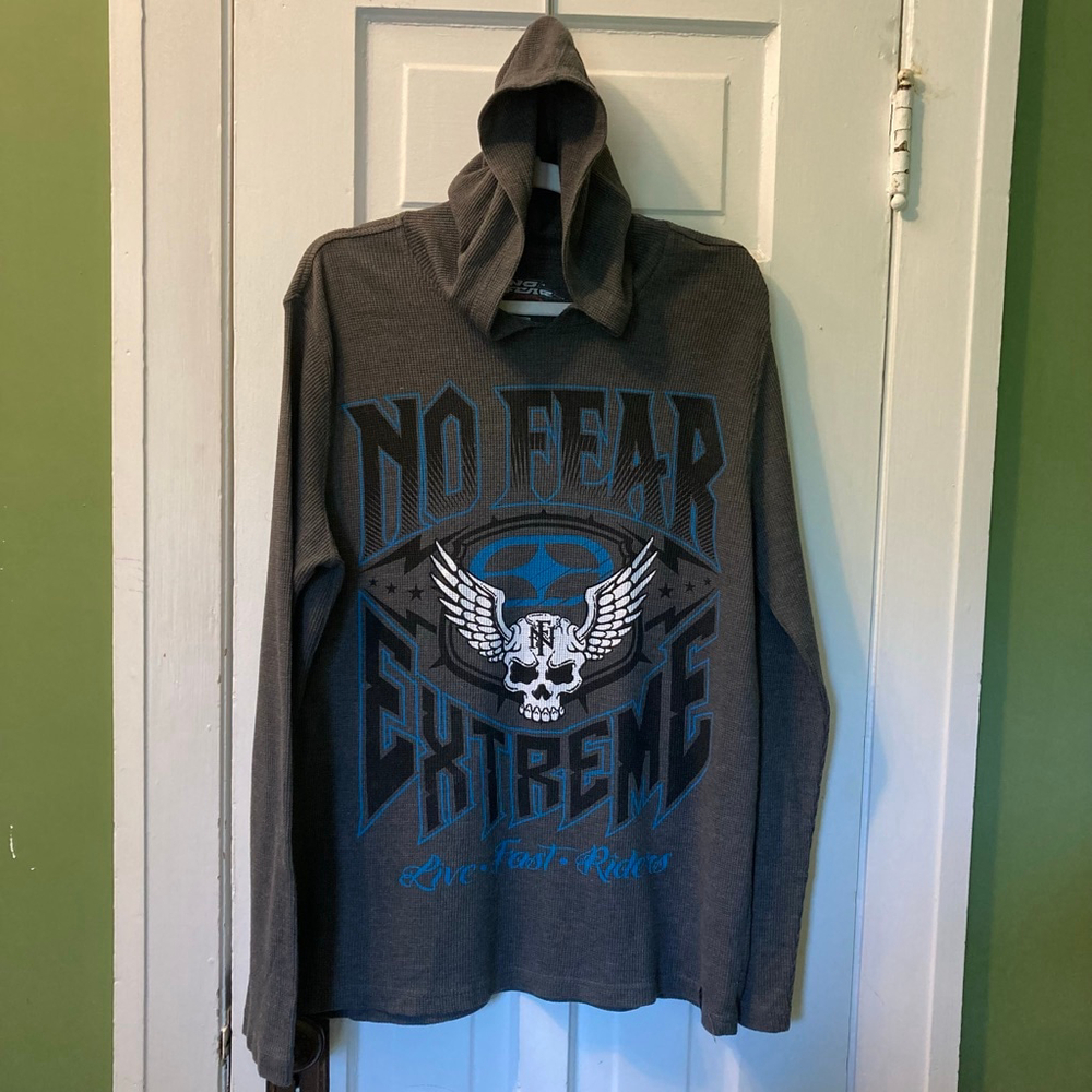 Men's Y2K No Fear Gray & Blue SKULL Graphic Hoodie L